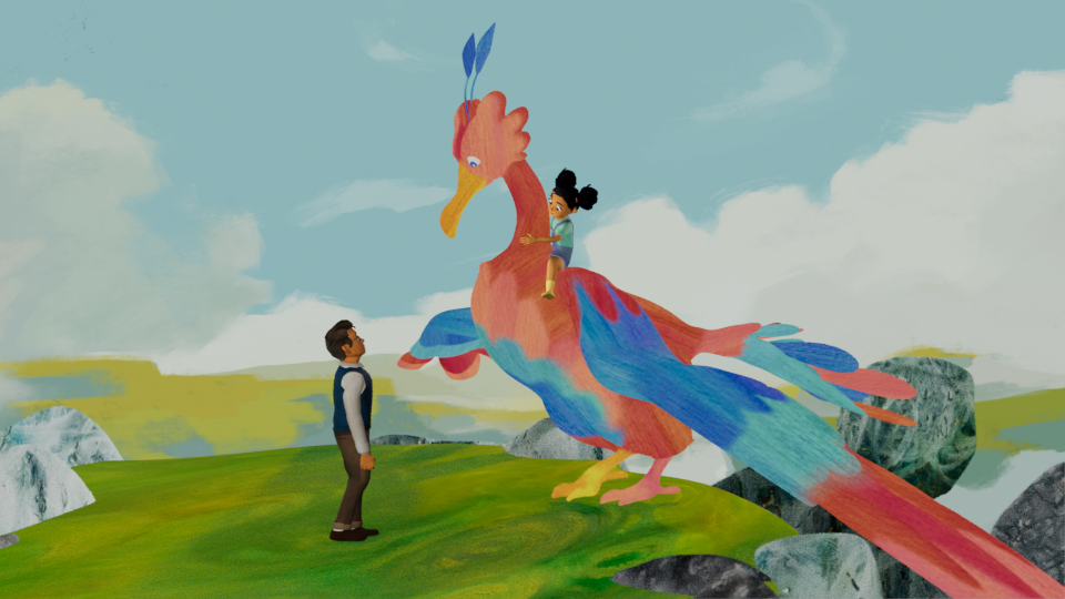 Image from an animated short film. Depicts a girl on a big bird looking down at her dad.